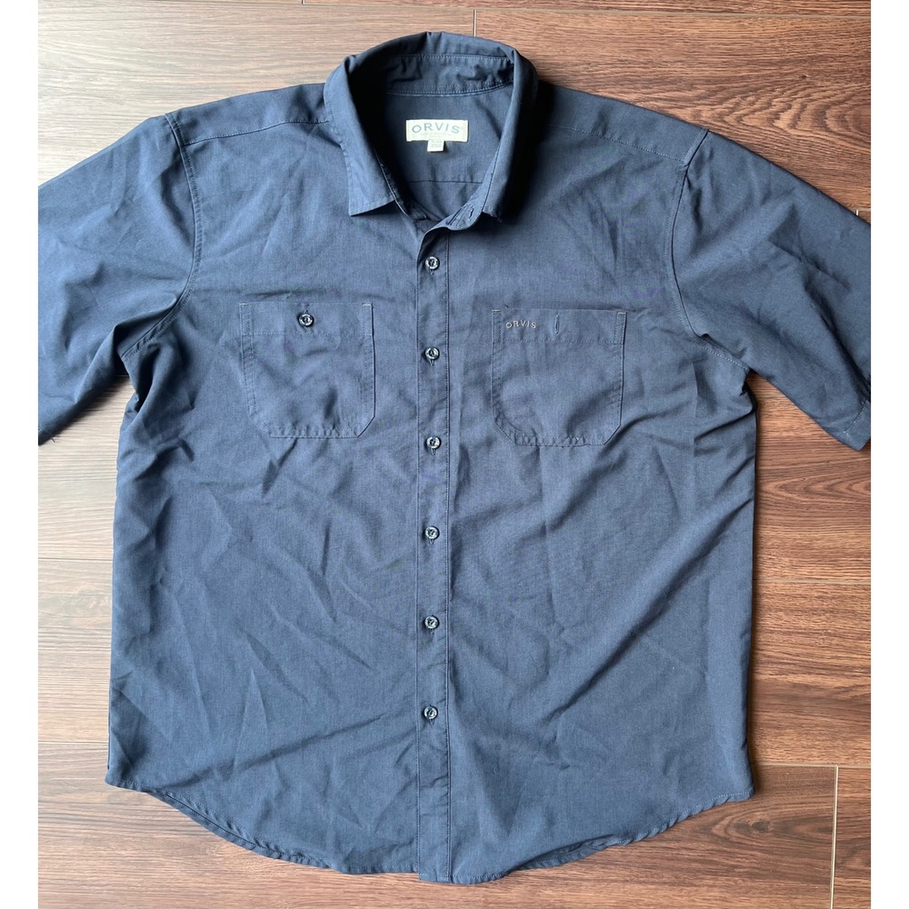 Orvis Mens XL Short Sleeve Button Up Shirt Navy Blue Polyester Classic Coll.